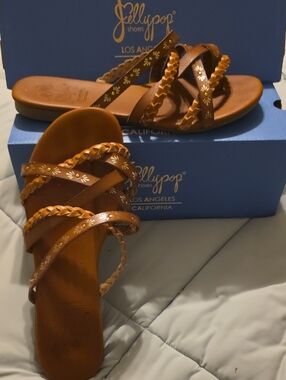 Jellypop Brown Braided Floral-Strap Slide Sandals